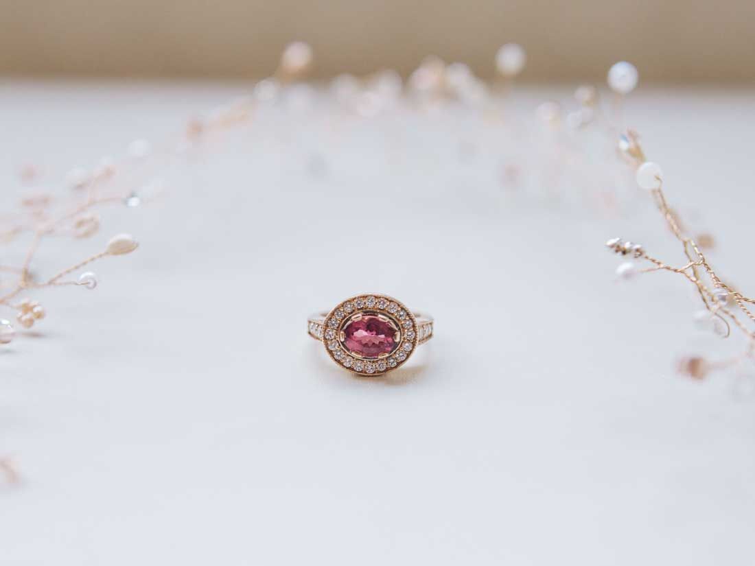 East West Diamond Halo and Pink Sapphire Necklace in 14K Rose Gold