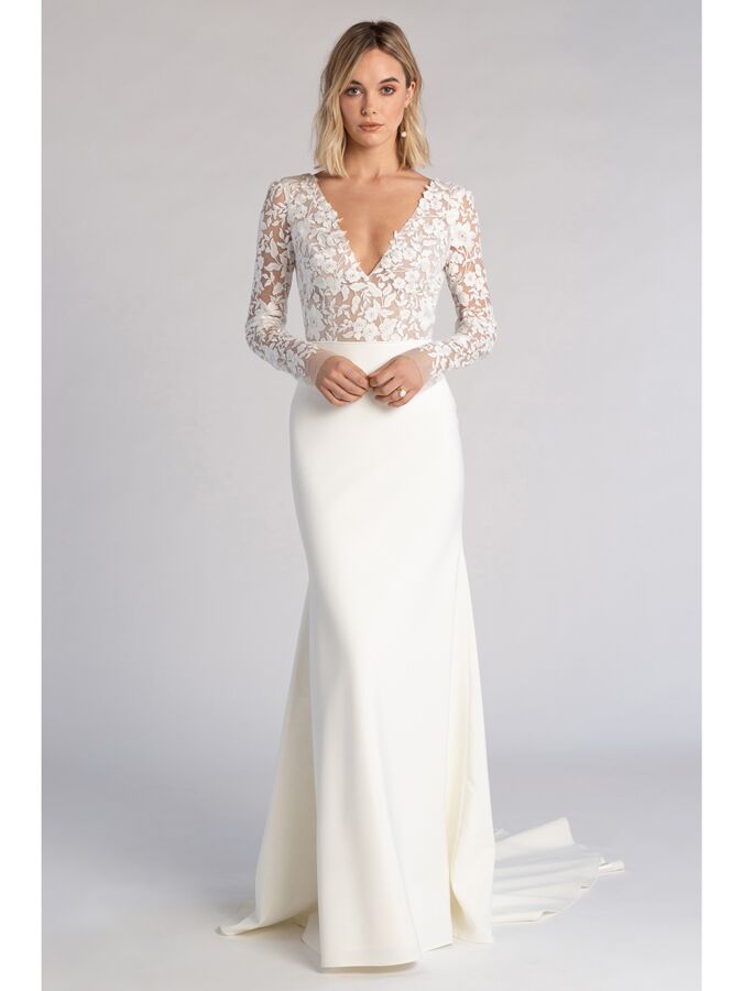 Jenny Yoo fit-and-flare wedding dress with long sleeves and matte crepe skirt