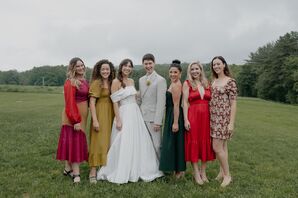 Bride and Wedding Party in Different Color and Style Outfits