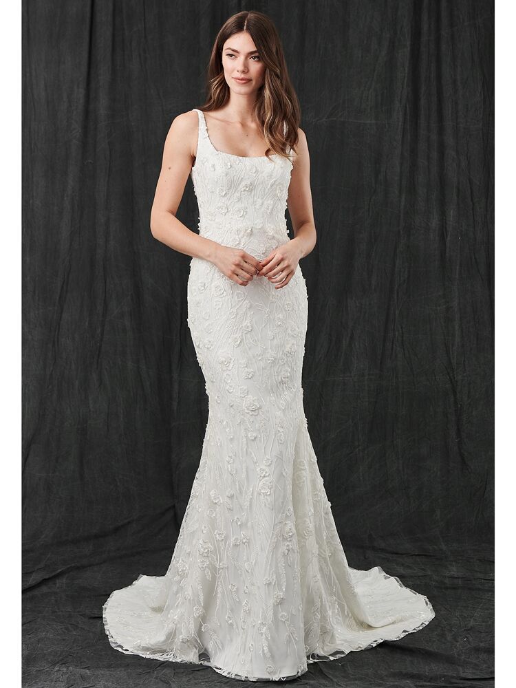 Kelly Faetanini fit-and-flare wedding dress with 3D beaded floral lace