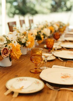 Vintage Dishes, Golden Glassware and Bright Blooms Created a Cozy Wedding Reception Vibe