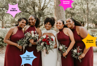 Bride and bridesmaids surrounded by bridesmaid group chat names