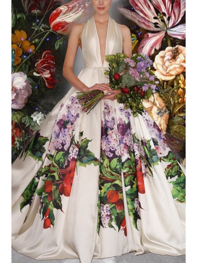 Romona Keveza red and purple flower wedding dress