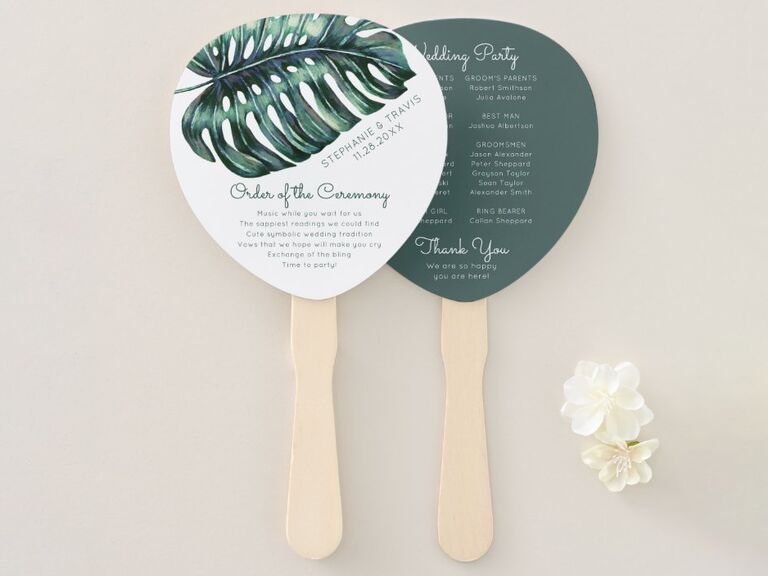 Paper Grape Destinations tropical monstera palm leaf wedding program fan
