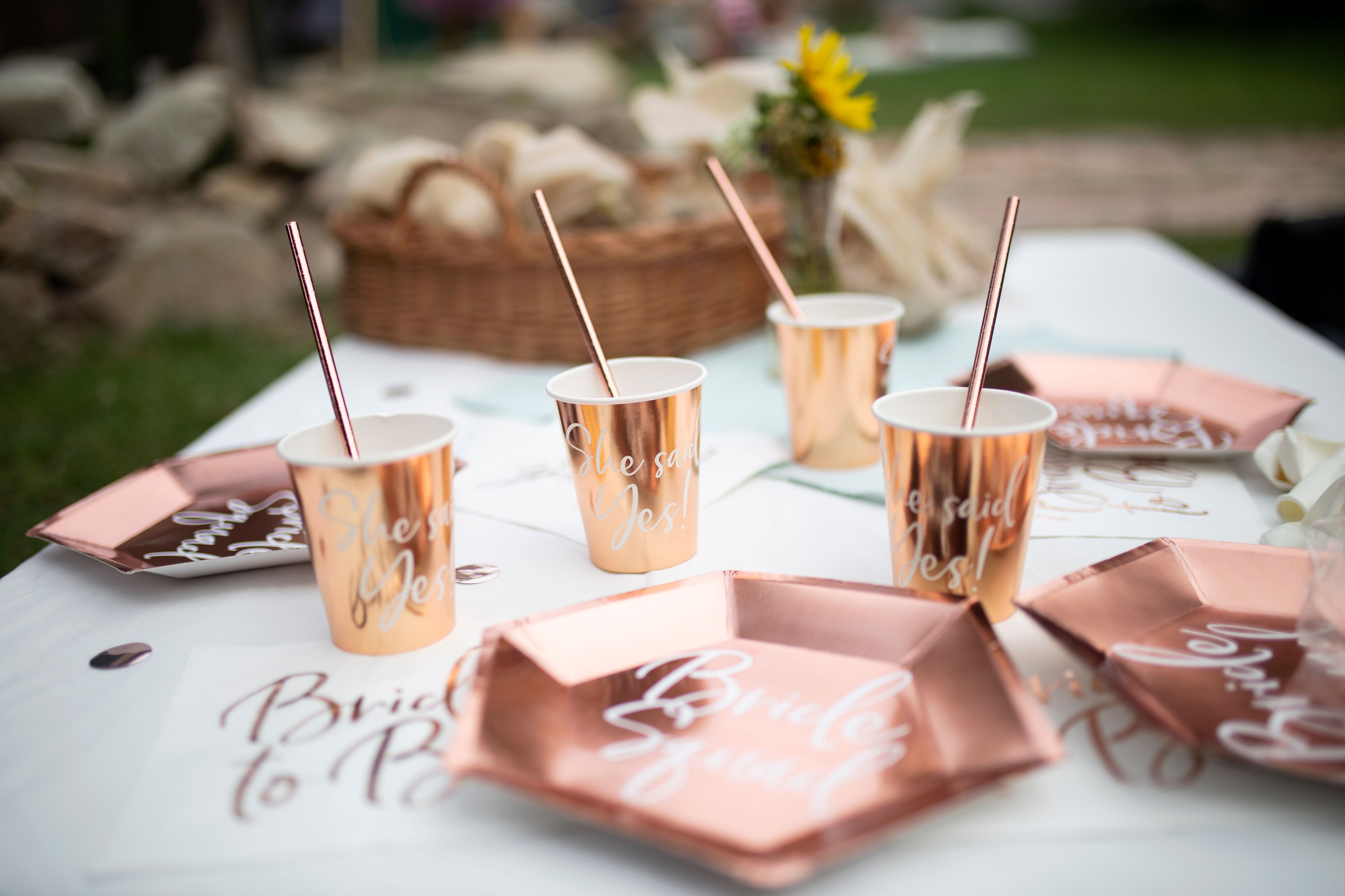 Rose gold cups and plates at bachelorette party