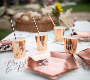 Rose gold cups and plates at bachelorette party