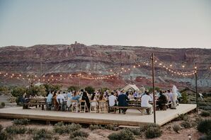 Rustic Desert Reception with String Lights and Dining Tables