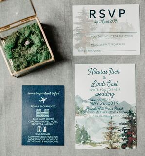Custom Navy and Green Wedding Invitations with Watercolor Nature Details