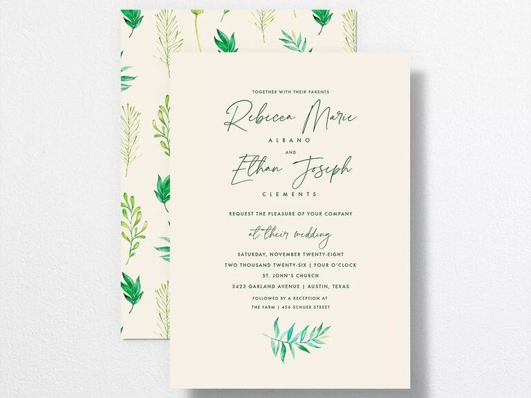 Greenery wedding invitation design from The Knot Invitations that has matching wedding website design