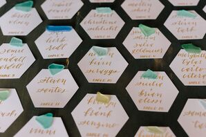Hexagonal Escort Cards with Calligraphy and Sea Glass