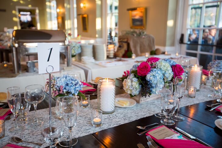As a personal touch, the couple topped the reception tables with lace table runners made from tablecloths belonging to Andrew's grandparents in the 1940's.