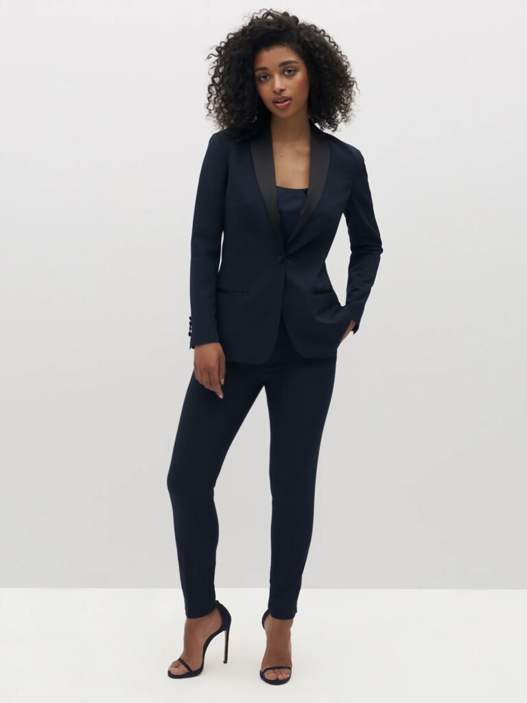 formal navy pantsuit for sleek spring wedding guest outfit