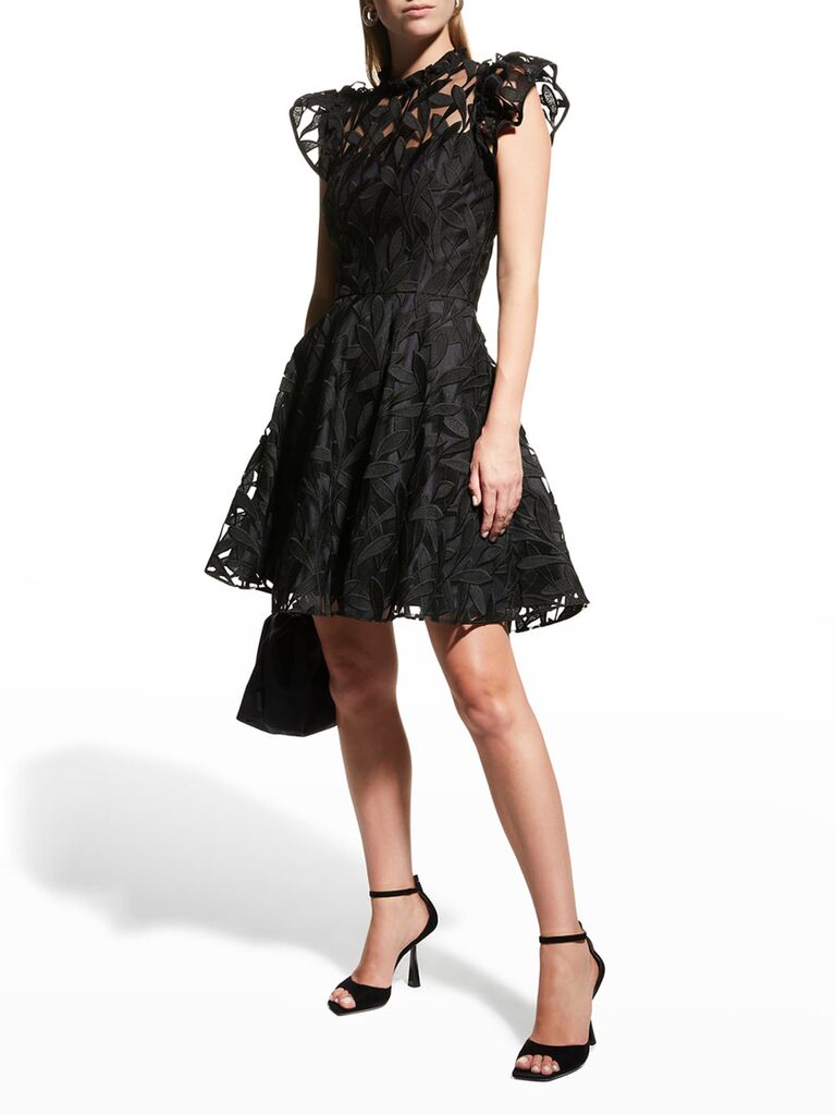 neiman marcus black dress with high neckline cap sleeves flare skirt and lace embroidery for what to wear to an engagement party