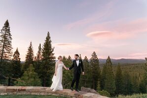 Couple Posing for Sunset Wedding Portraits in Mountains at Martis Camp in Truckee, California