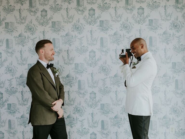 Grooms wear chic suits on their wedding day. 