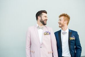 Fasionable Grooms in Pink and Blue Suits with Glam Accessories