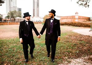 Grooms in Tails and Top Hats Pose for a Wedding Photo in Mobile, Alabama
