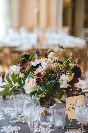 Blush and Plum Centerpieces in Vintage Gold Footed Vases