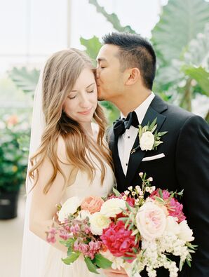 Bride and Groom at Bright, Floral Wedding