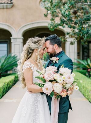 Bride in Whimsical Gown, Gold Crown and Groom in Forest Green Tuxedo