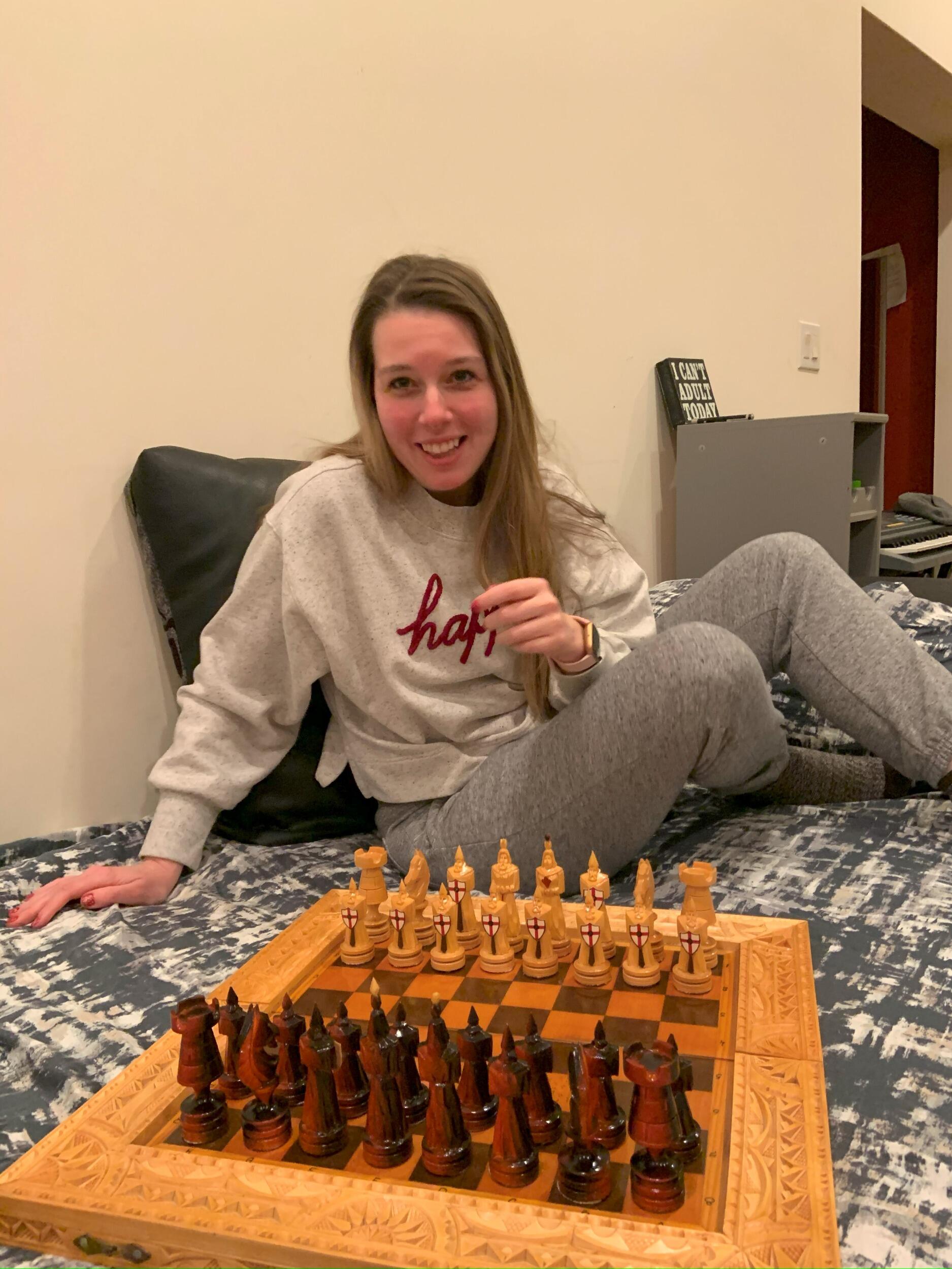 Everyone goes through stages in their life. This brief documented moment in time is Tabitha's chess stage, where she learned how to play the game and endured about five matches, after which this chessboard was seldom touched. Perhaps Queen's Gambit had something to do with it! 