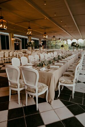 White Woven Back-and-Gold Brocade Dining Chairs