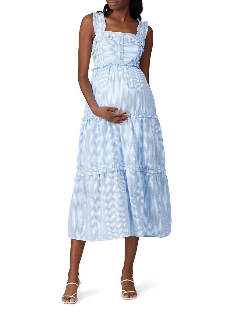 Nautical blue-and-white striped wedding guest maternity dress for summertime