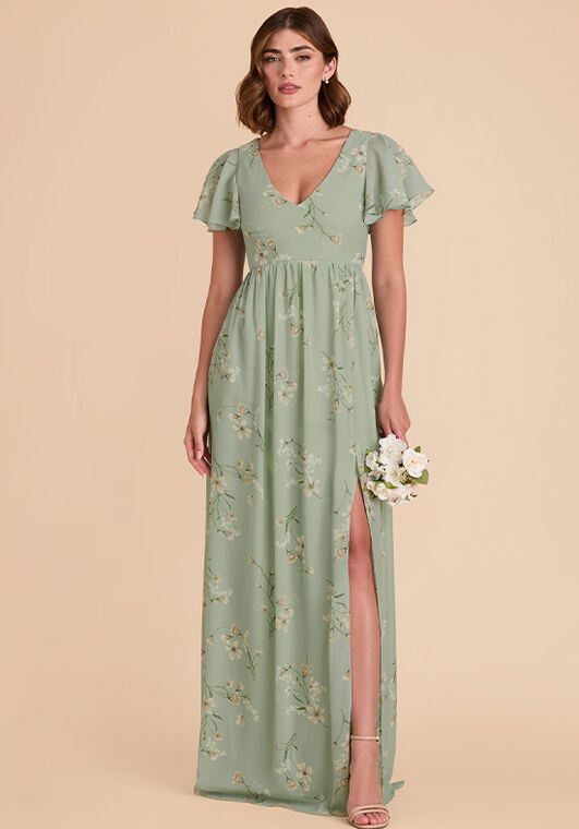 Birdy Grey Hannah Empire Chiffon Dress in Sage Le Fleur V-Neck and Plunge Bridesmaid Dress - 3