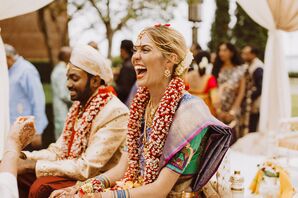 Bride Laughing During Hindu Wedding Ceremony  at The Rattlesnake Club in Detroit, Michigan
