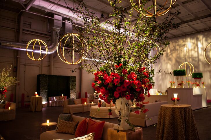 Tall Cherry Blossom and Red Rose Arrangement