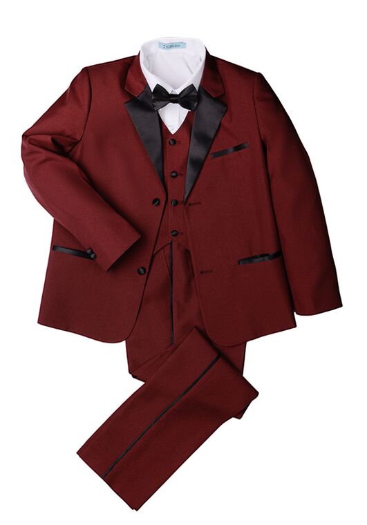 Little Tuxedos "Prodigy" Kids Burgundy Tuxedo (5-Piece Set) Flower Girl Dress and Ring Bearer Outfit - 3