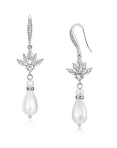 AW Bridal AW BRIDAL Cubic Zirconia Wedding Earrings Pearl Drop Bridal Dangle Earrings for Wedding Ear Hook Hypoallergenic Earrings for Women Brides (Silver) Silver