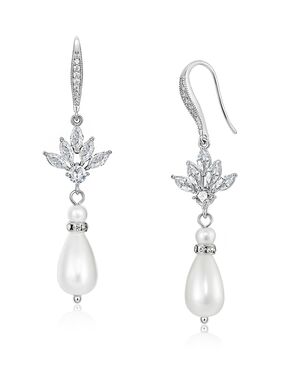 AW Bridal AW BRIDAL Cubic Zirconia Wedding Earrings Pearl Drop Bridal Dangle Earrings for Wedding Ear Hook Hypoallergenic Earrings for Women Brides (Silver) Silver