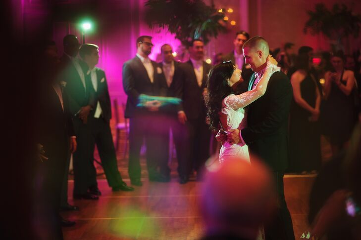 “The Christmas after we got engaged Nick surprised me with a new cell phone and told me we were on a family plan together now,” Shayna says. “There was a note inside the box that said, ‘Go to iTunes and hit play.’ There was only one song on the entire list. I, of course, started crying when I heard it because the words are so beautiful and real.” The newlyweds danced to “Tangled Up in You” by Aaron Lewis.