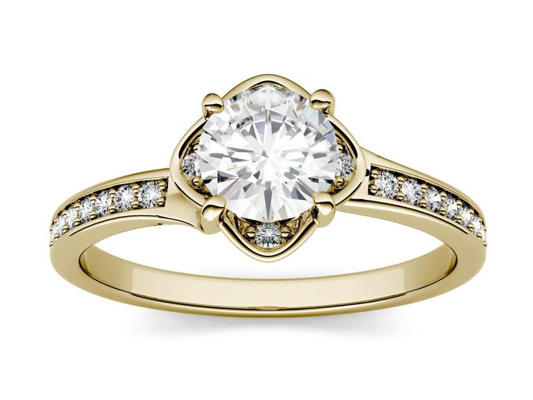 charles and colvard flower engagement ring with round moissanite four stone round moissanite halo and round moissanite and yellow gold band