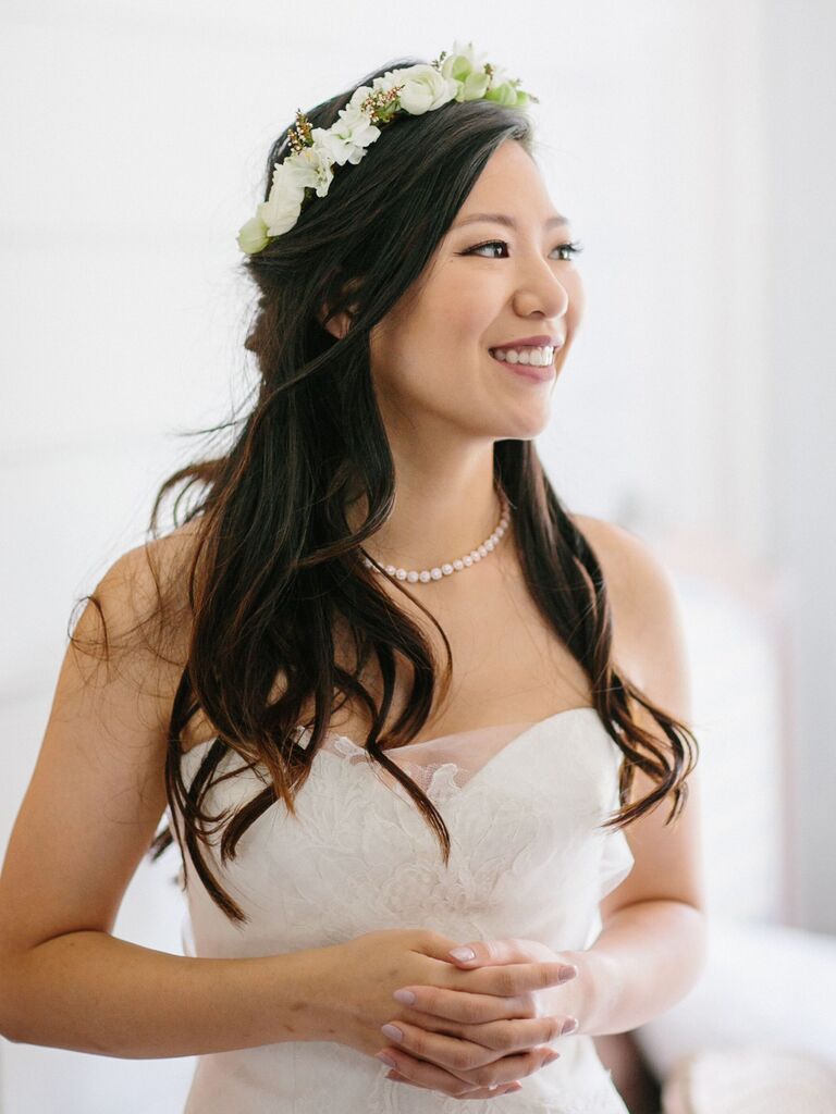 half up half down wedding hairstyle with flower crown