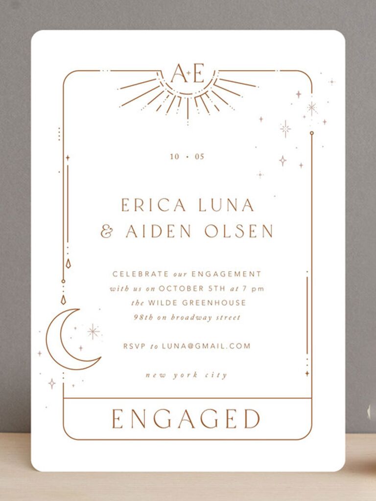 White and gold tarot card engagement party invitation