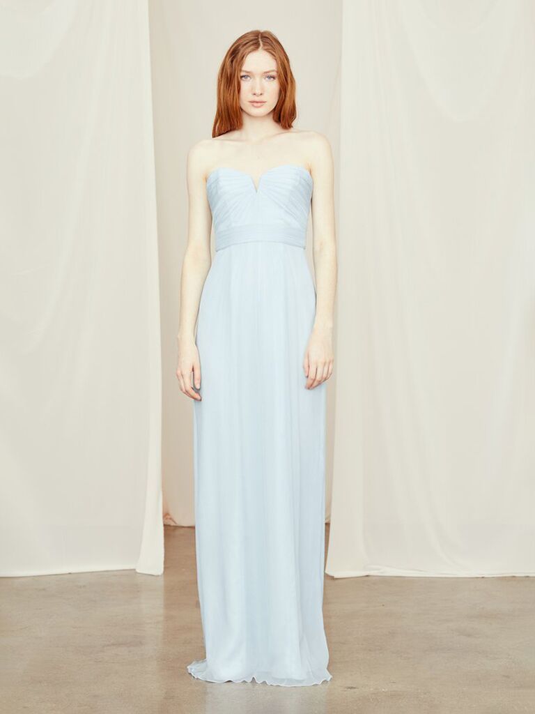 amsale light blue strapless garden wedding bridesmaid dress