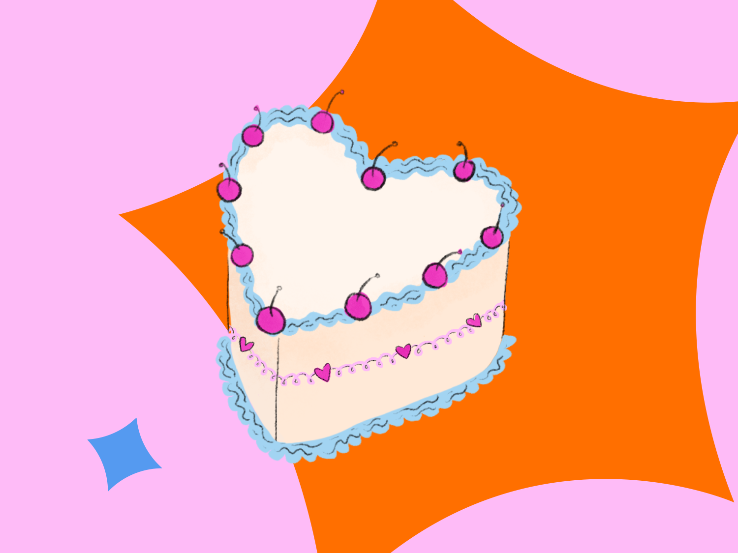 colorful illustration of vintage heart shaped wedding cake with cherries