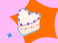 colorful illustration of vintage heart shaped wedding cake with cherries