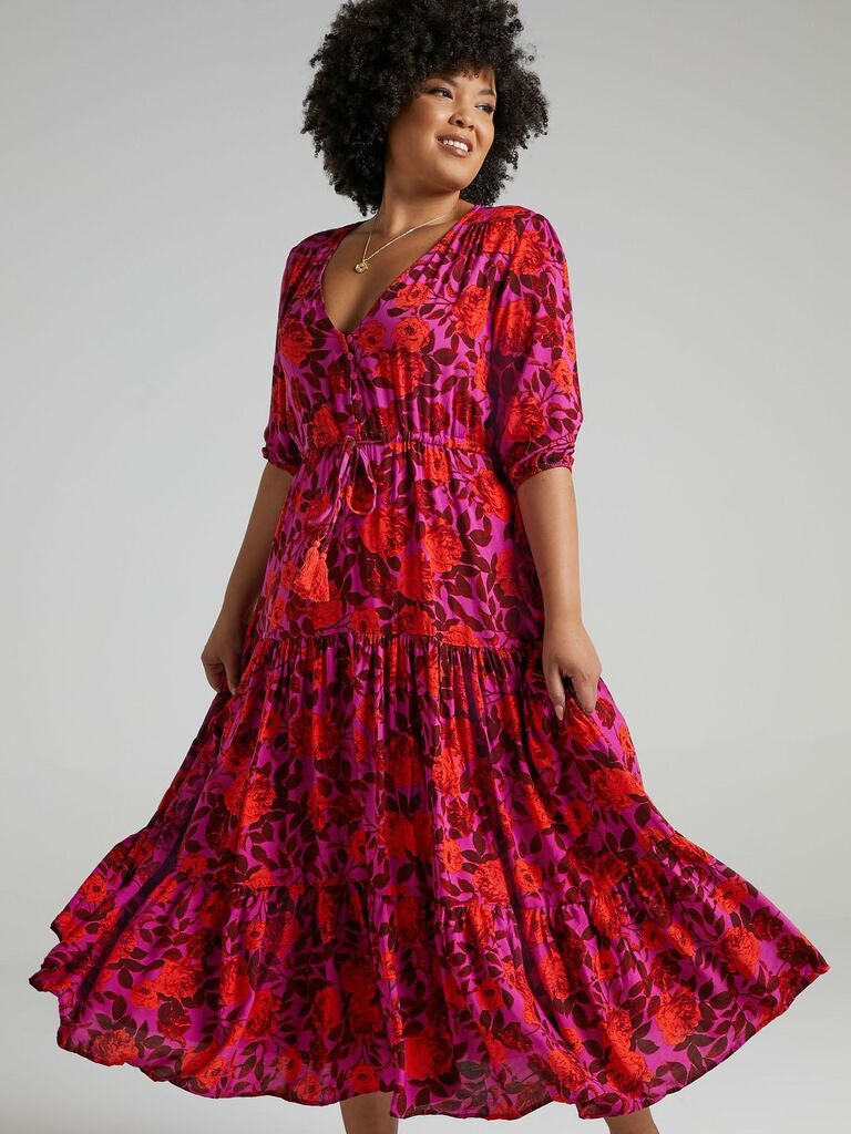 vibrant pink floral casual spring wedding guest dress 