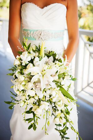 White Lily and Orchid Cascading Bridal Bouquet