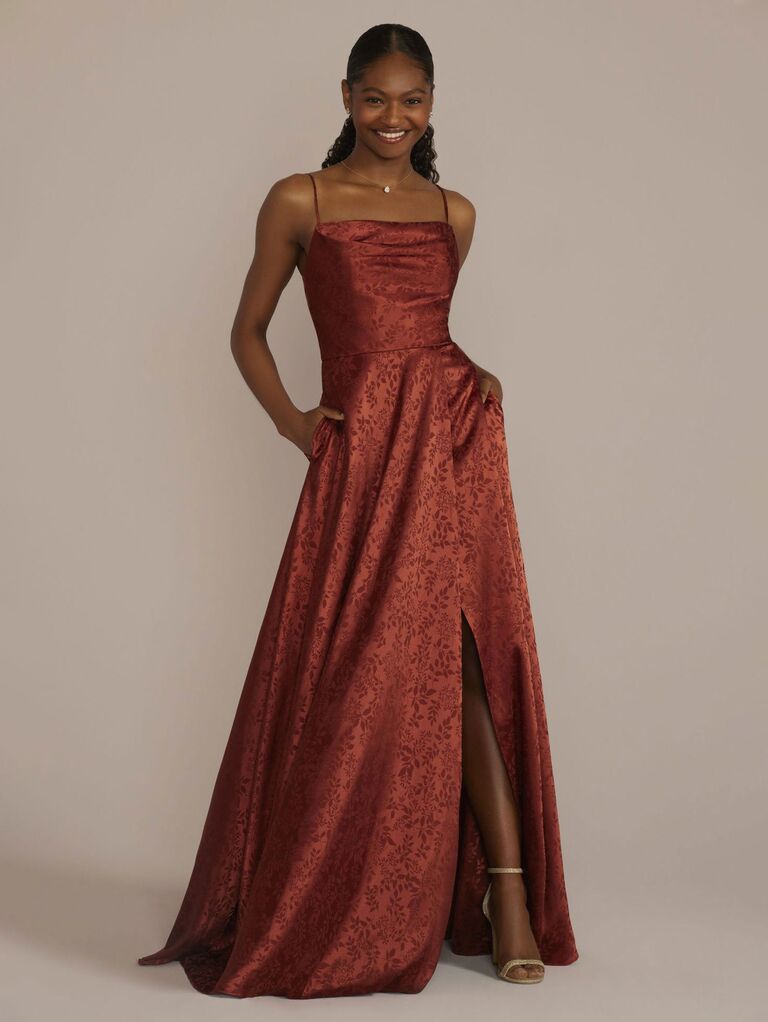 David's Bridal cinnamon fall bridesmaid dress covered in floral jacquard