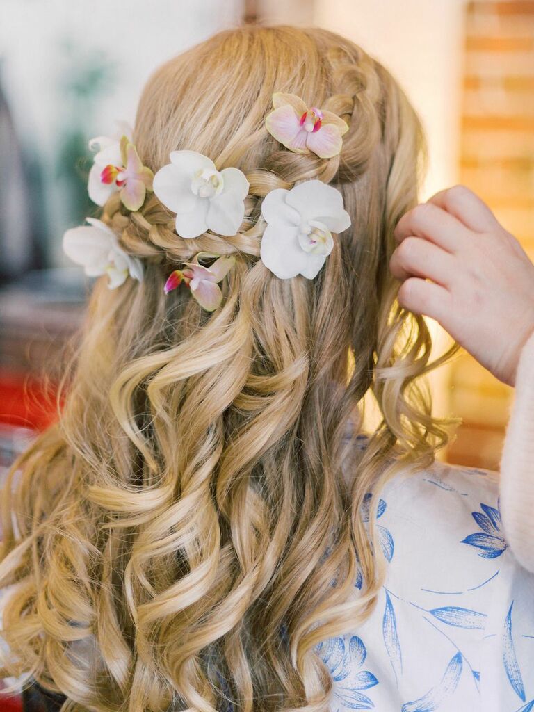 wedding hair flowers braided half up with orchids