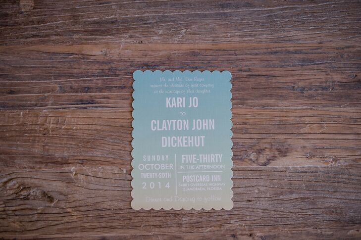 Blue Ombre Wedding Invitations With Scalloped Border