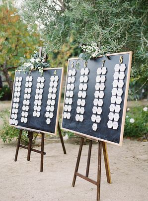Geometric Marble Escort Cards on Chalkboard Backdrop