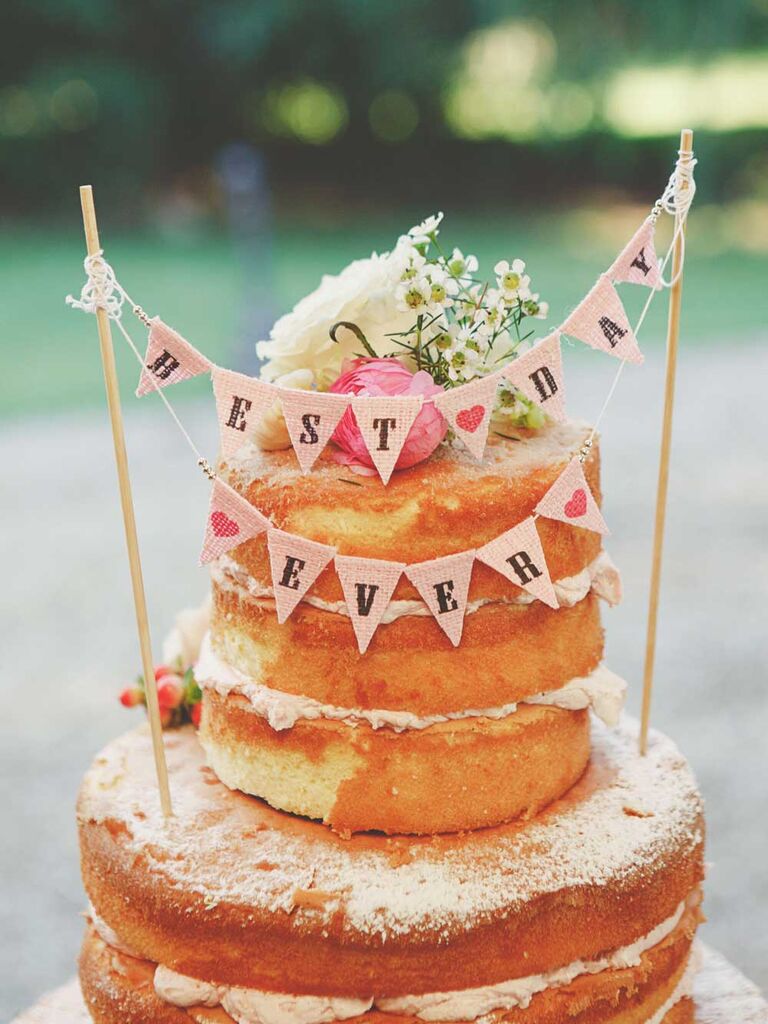 Naked cake with burlap banner cake topper