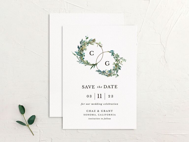 the knot white leafy hoops simple save the date card with greenery