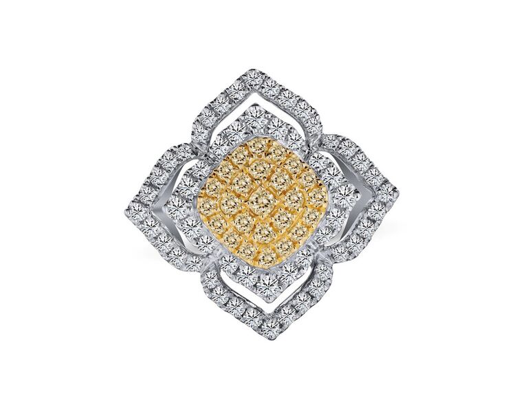 jared floral shaped yellow diamond two tone engagement ring with cushion cut yellow diamond center stone floral round diamond halo and allover yellow and white diamonds