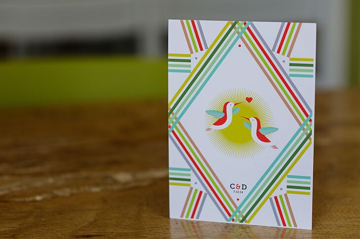 Connie designed the wedding invitations with green, red and neutral hues, and inserted a graphic of two hummingbirds that was symbolic of being lighthearted.